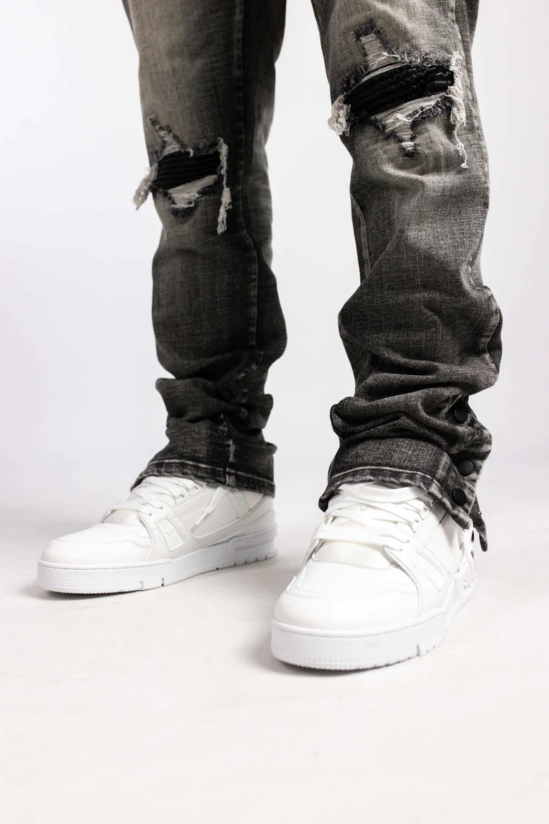 RIVERO - BUTTON RIPPED DENIM JEANS GREY