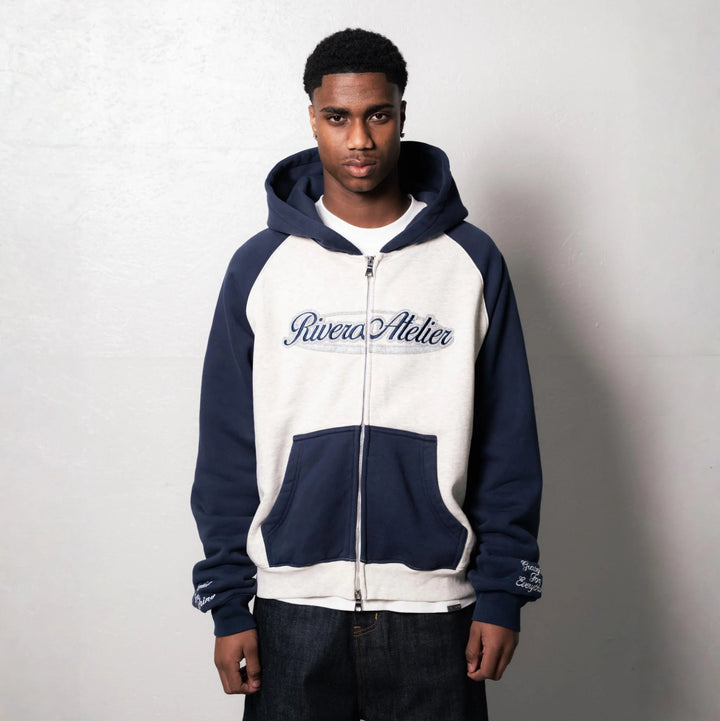 RIVERO - RAGLAN COLLEGE ZIP HOODIE - NAVY/GREY