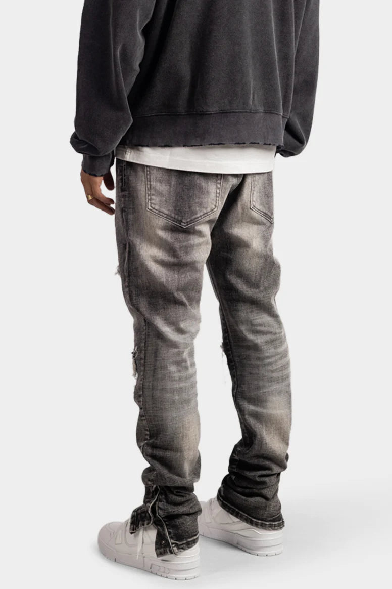 RIVERO - BUTTON RIPPED DENIM JEANS GREY