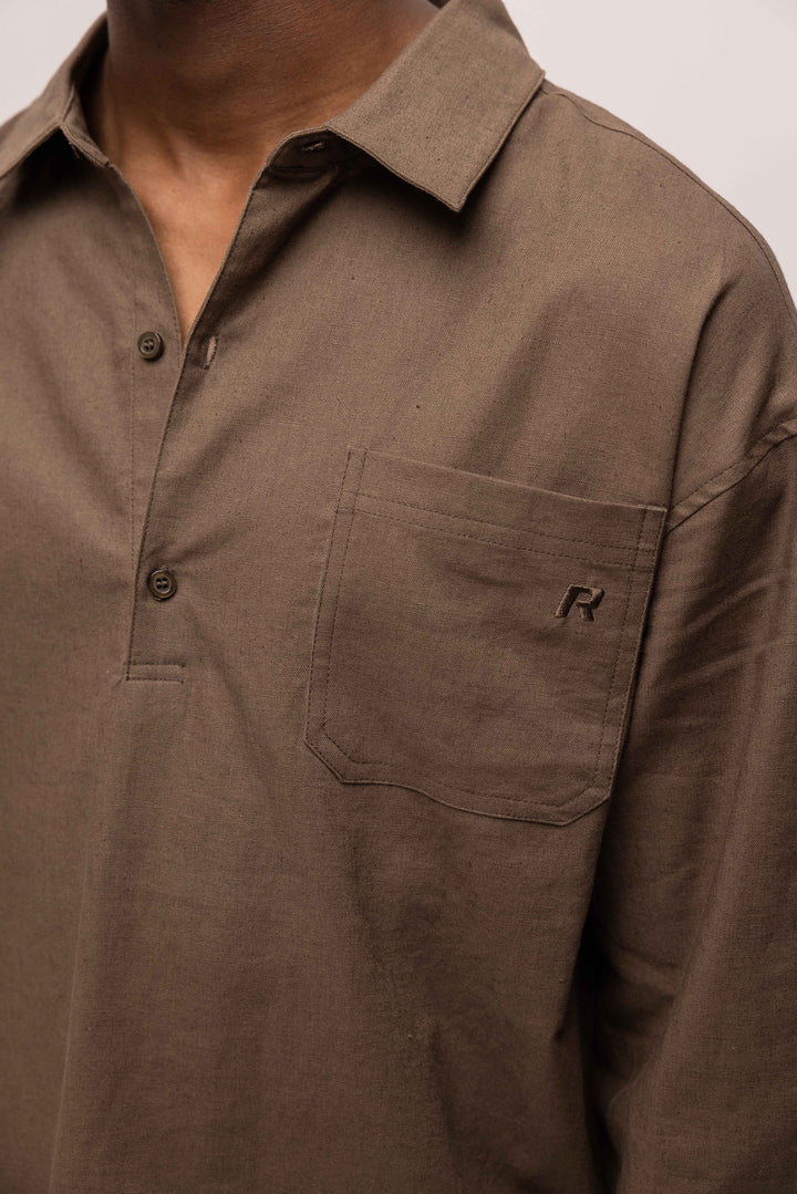 RIVERO - LINEN SHIRT QUARTER BUTTON BROWN