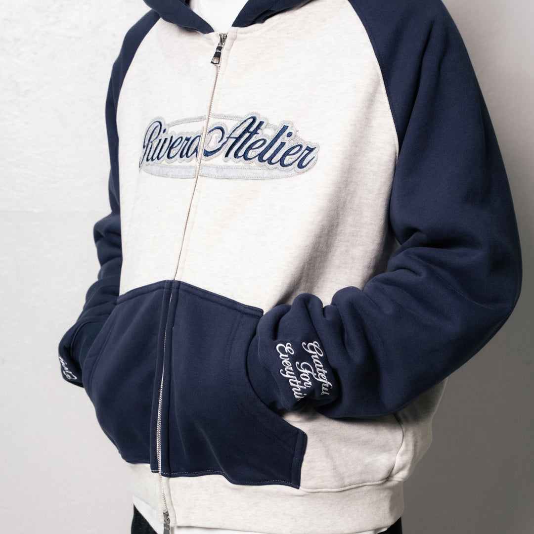 RIVERO - RAGLAN COLLEGE ZIP HOODIE - NAVY/GREY