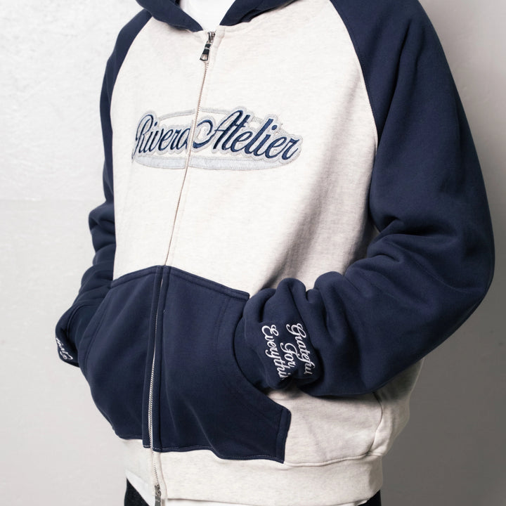 RIVERO - RAGLAN COLLEGE ZIP HOODIE - NAVY/GREY