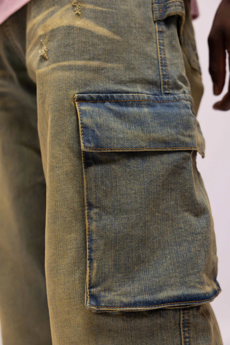 RIVERO - BAGGY HEAVY WASHED CARGO DENIM JEANS