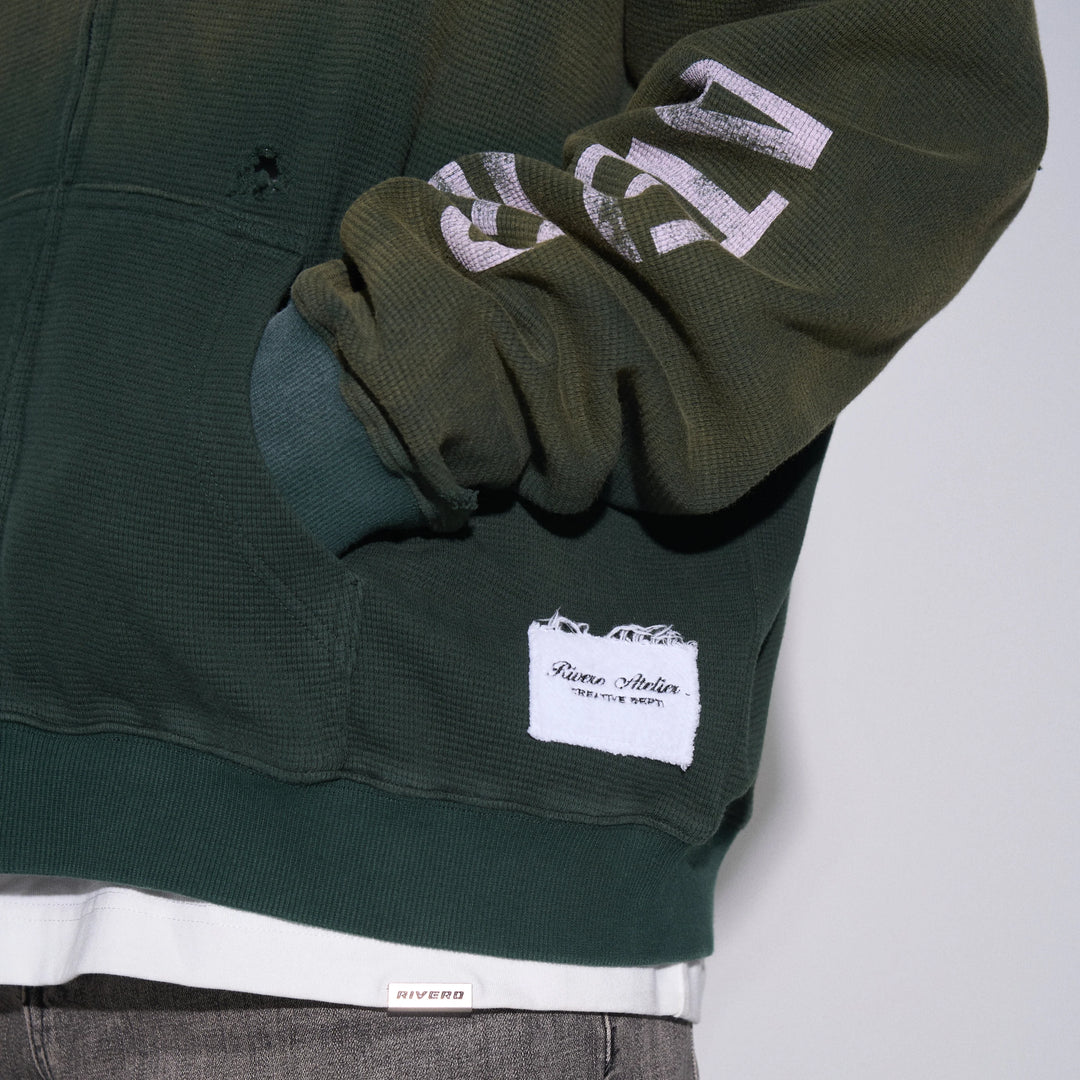 RIVERO - INTL. WASHED WAFFLE ZIP HOODIE GREEN
