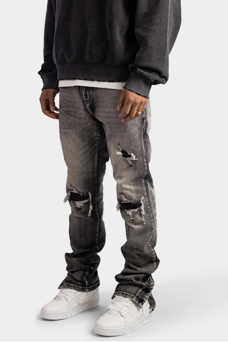 RIVERO - BUTTON RIPPED DENIM JEANS GREY