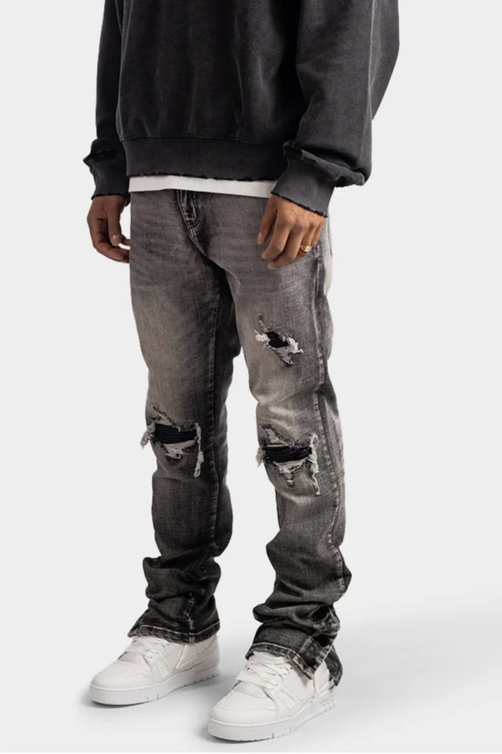 RIVERO - BUTTON RIPPED DENIM JEANS GREY