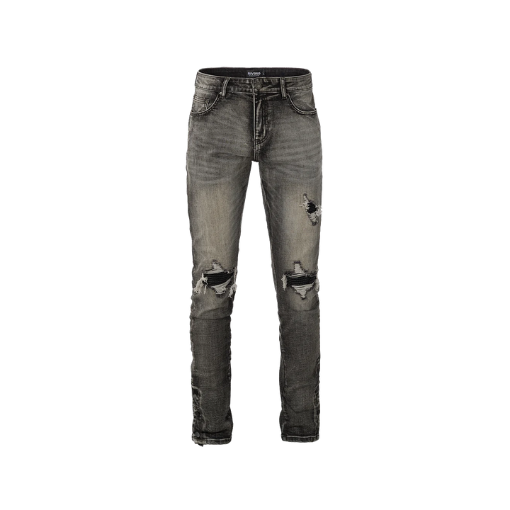 RIVERO - BUTTON RIPPED DENIM JEANS GREY