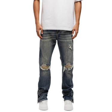 RIVERO - BUTTON RIPPED DENIM JEANS DARK BLUE