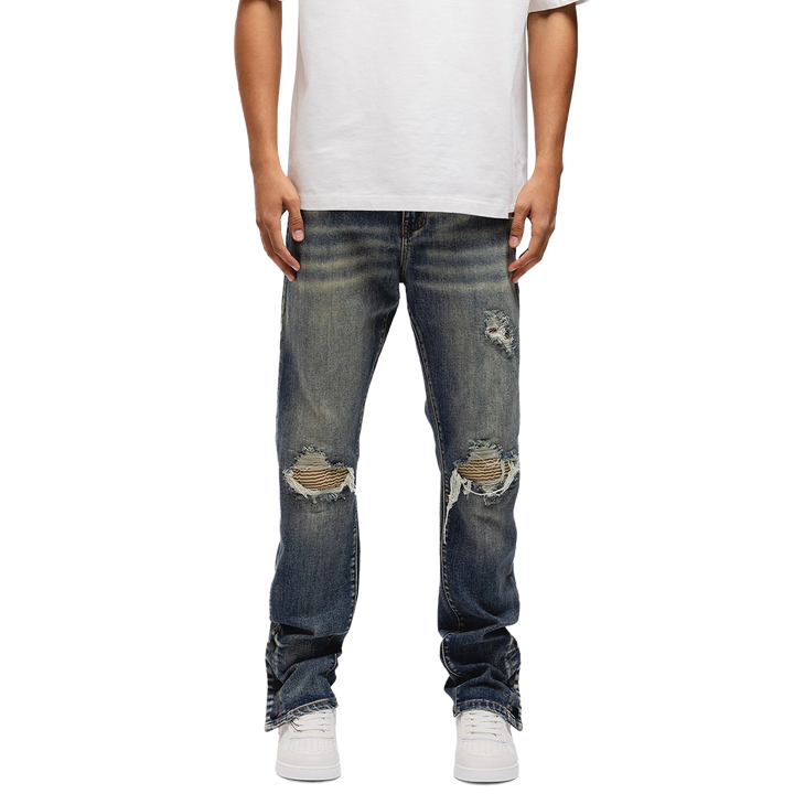 RIVERO - BUTTON RIPPED DENIM JEANS DARK BLUE