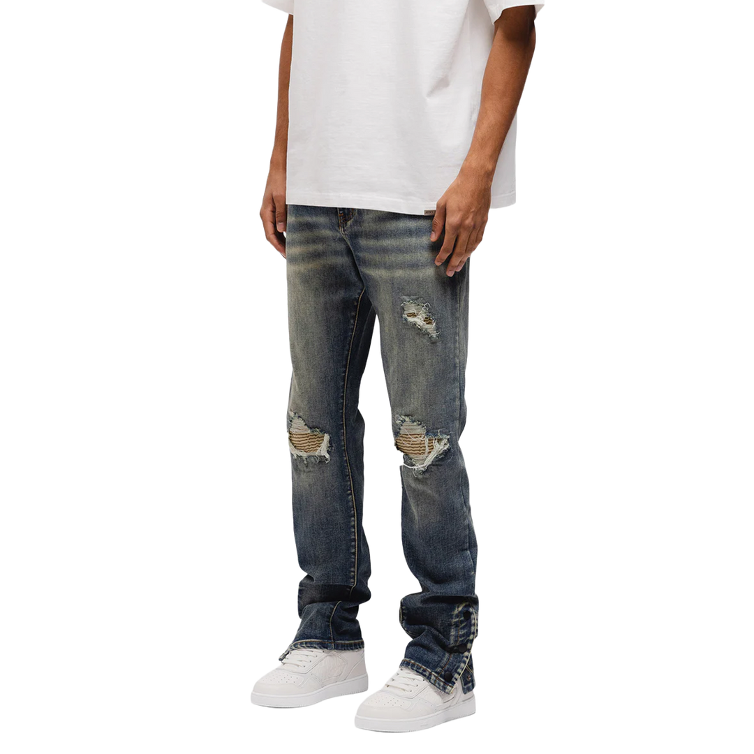 RIVERO - BUTTON RIPPED DENIM JEANS DARK BLUE