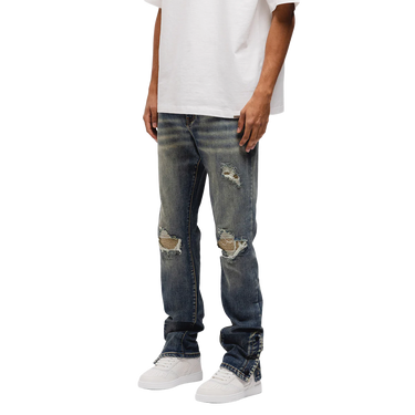 RIVERO - BUTTON RIPPED DENIM JEANS DARK BLUE