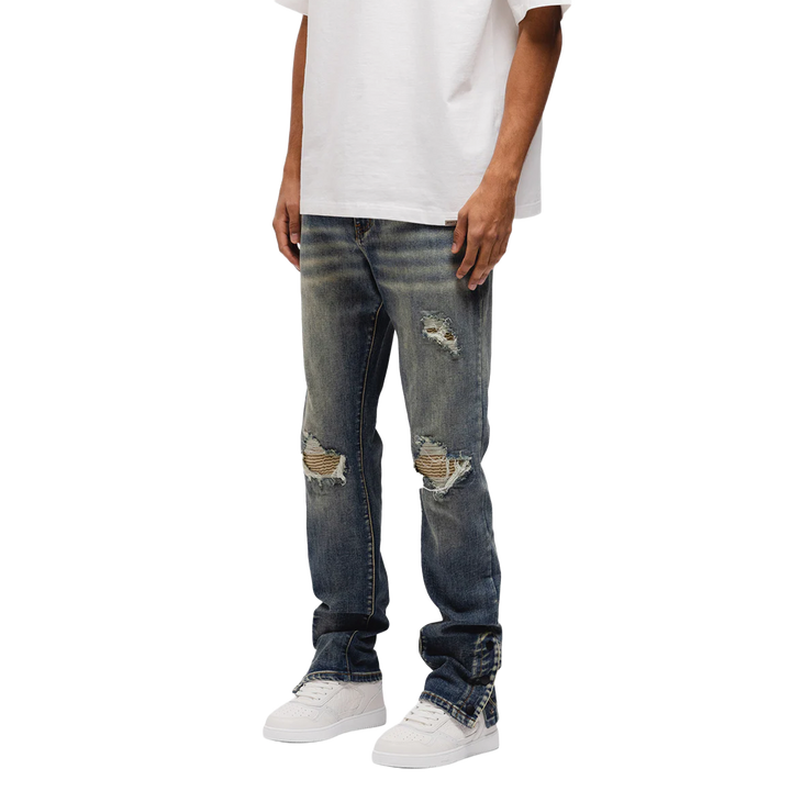 RIVERO - BUTTON RIPPED DENIM JEANS DARK BLUE