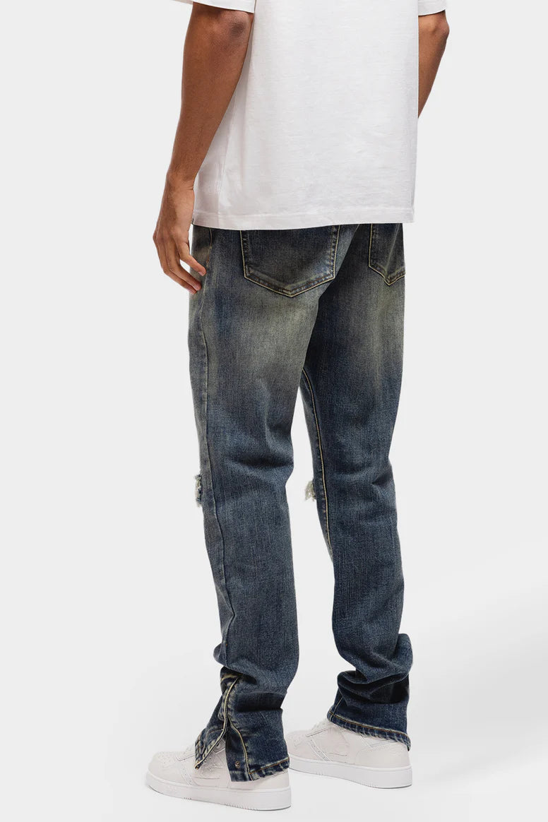 RIVERO - BUTTON RIPPED DENIM JEANS DARK BLUE
