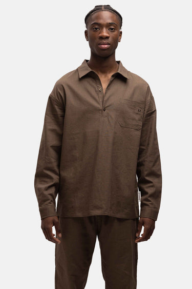 RIVERO - LINEN SHIRT QUARTER BUTTON BROWN