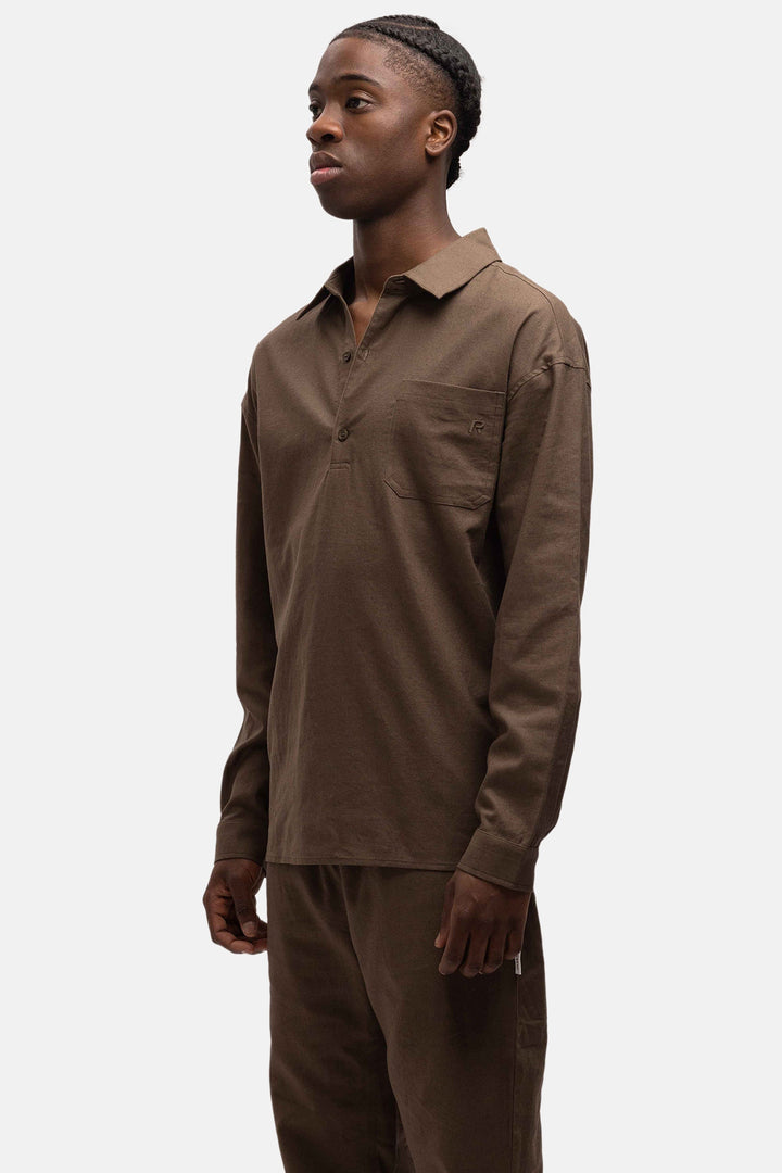 RIVERO - LINEN SHIRT QUARTER BUTTON BROWN