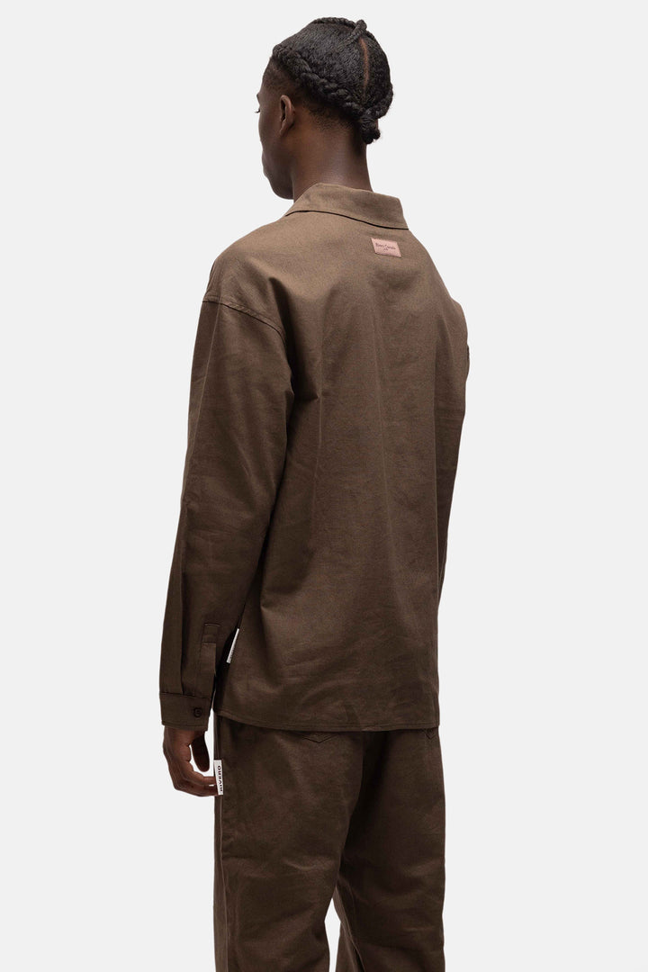 RIVERO - LINEN SHIRT QUARTER BUTTON BROWN