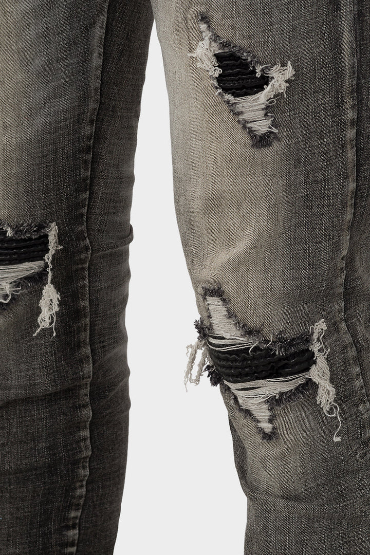 RIVERO - BUTTON RIPPED DENIM JEANS GREY
