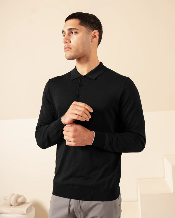 RIMA - KNIT LS POLO - BLACK
